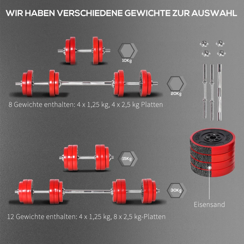 HOMCOM Hantelset 20/30KGS 2-IN-1 Hanteln&Langhanteln verstellbar Gewichtheben für Zuhause Fitness Muskel Rot+Schwarz 21,5 x 21,5 x 3,8 cm