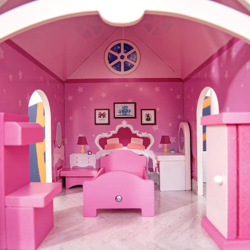 HOMCOM Casa de Muñecas de Madera de 3 Niveles para Muñecas de 10 cm con Muebles 13 Accesorios Incluidos Casita Muñecas de Juguete 60x29x85 cm Rosa