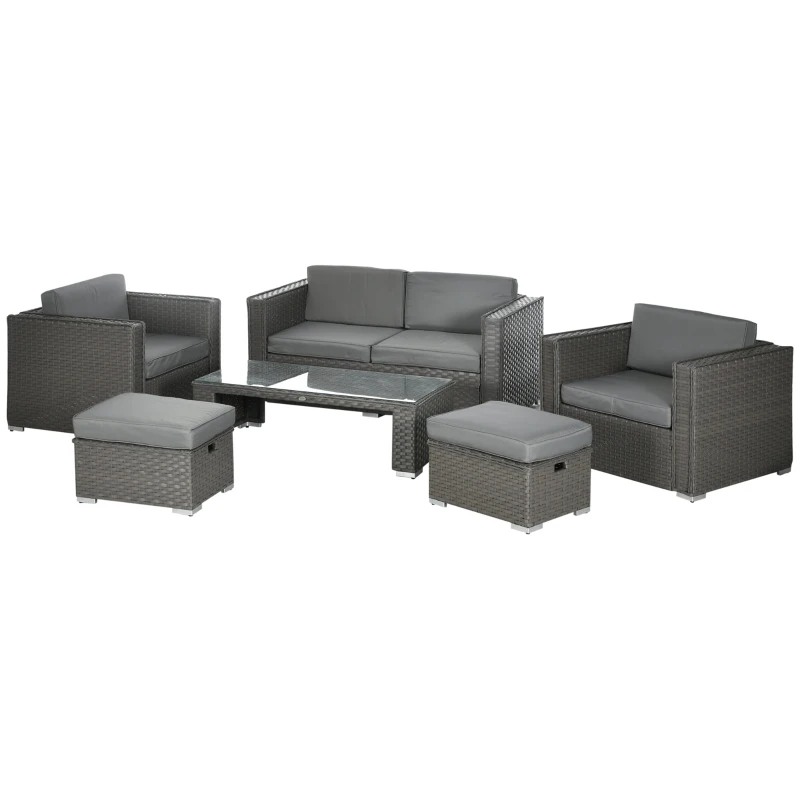 Outsunny 6PC Garden Rattan Sofa Set Bonzer Outdoor Furniture Patio Table Loveseat Stool Lounging Ottoman Aluminium Frame Wicker Weave Conservatory Grey