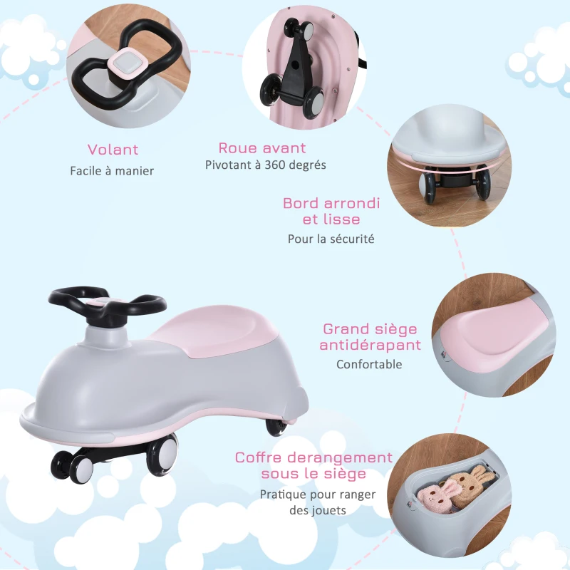 HOMCOM Porteur Enfant - Voiture dandineuse - Voiture de Torsion Pivotante - 4 Roues PU Lumineuses LED - pour Intérieur et Extérieur max. 50 KG métal PP Gris Rose
