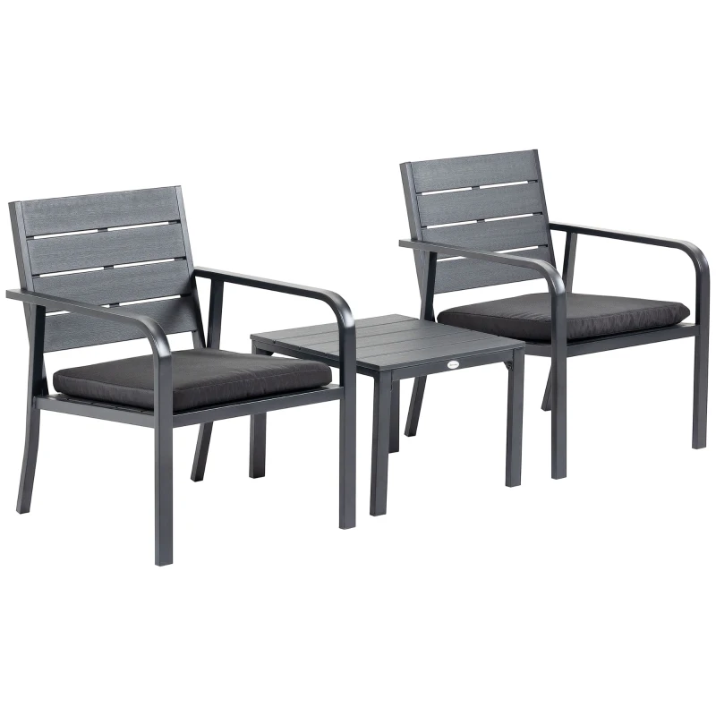Outsunny Set da Giardino 3 Pezzi con Tavolino e 2 Sedie con Cuscini, Acciaio e Plastica, Grigio Scuro
