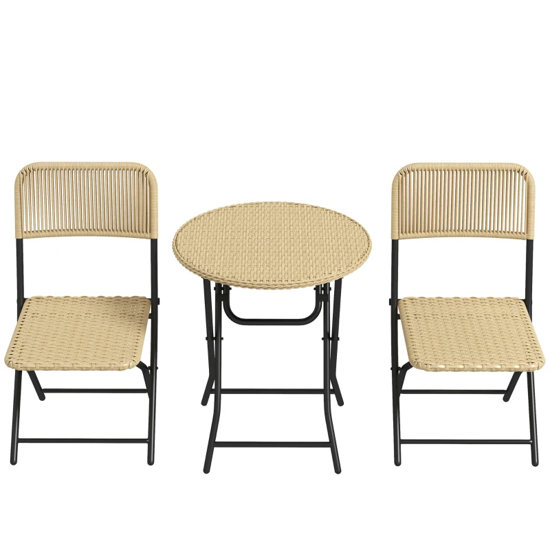 Outsunny Juego de 3 Piezas Muebles de Jardín Plegable de Ratán con 2 Sillas y 1 Mesa de Centro Redonda para Terraza Natural