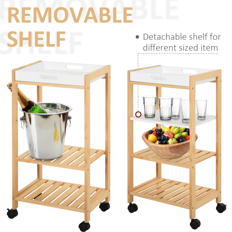 HOMCOM 4-Tier Moving Trolley Cart MDF Wood Blend w/ Tray Shelves 4 Universal Wheels Home Kitchen Office Storage Island Unit White Brown