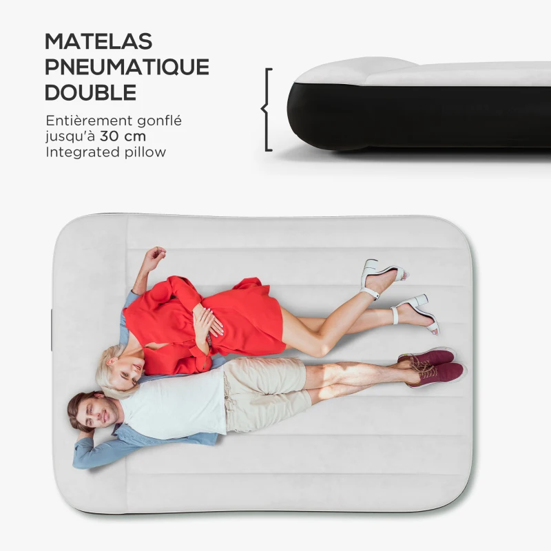 Outsunny Matelas gonflable 2 personnes avec pompe électrique intégrée, appui-tête avec sac de transport, 191 x 137 x 30 cm