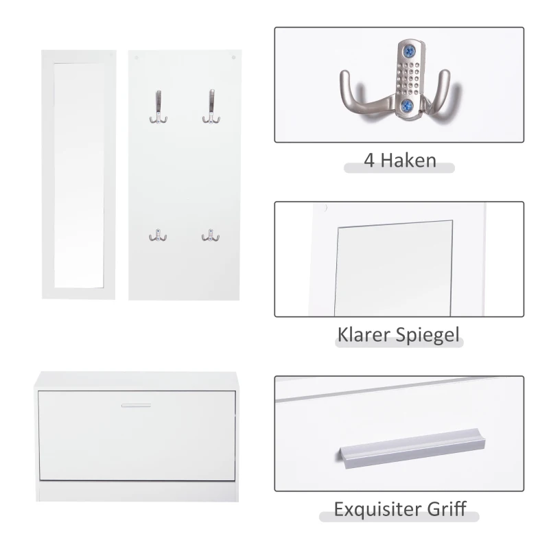 HOMCOM 3-teiliges Garderoben-Set Flurgaderobe mit Schuhschrank Garderobe Wandspiegel 4 Haken Weiß 30 x 100 cm (Spiegel)