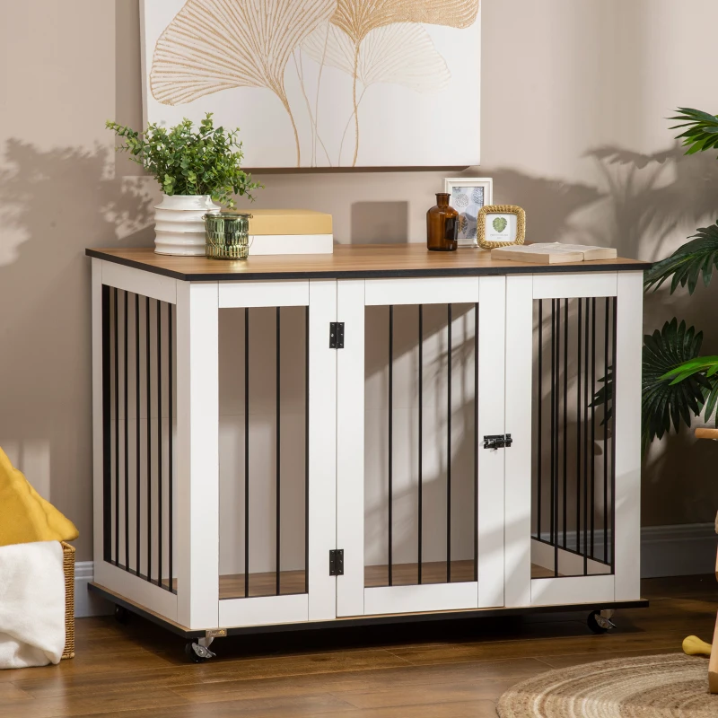 PawHut Dog Crate Furniture, Dog Cage End Table, with Wheels, for Large Dogs, 106 x 60 x 82 cm  - White