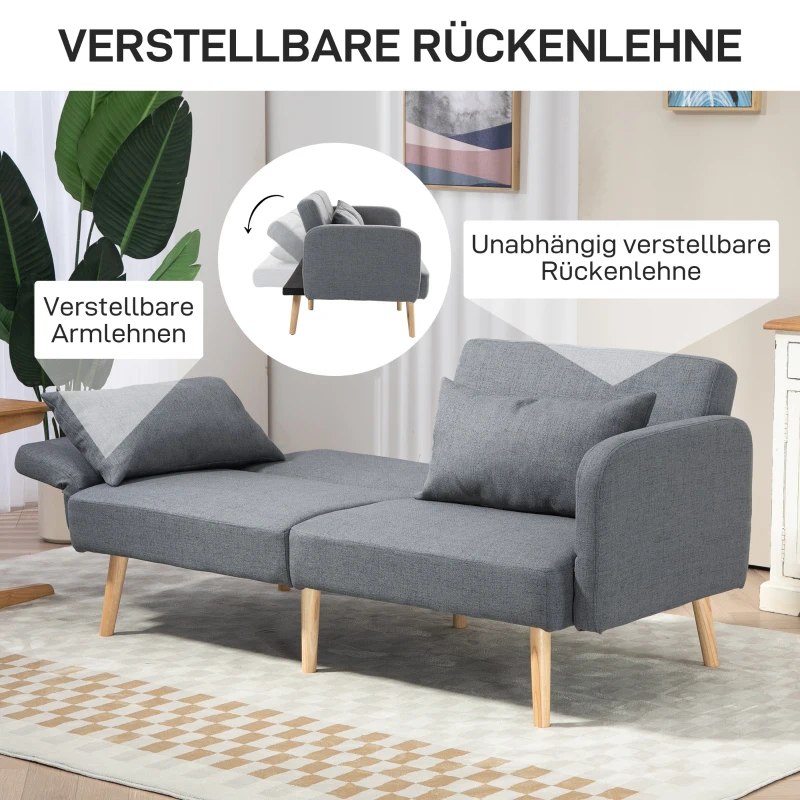 HOMCOM 3-Sitzer Schlafsofa, Gäste-Doppelbett, bis 240 kg, Klapplehnen, Holzrahmen, 170 x 83 x 80 cm, Grau(m-6)