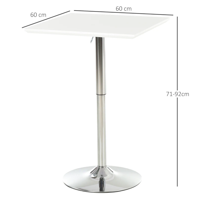 HOMCOM Table de bar table bistro chic style contemporain table carrée hauteur réglable dim. 60L x 60l x 71-92H cm métal chromé MDF blanc