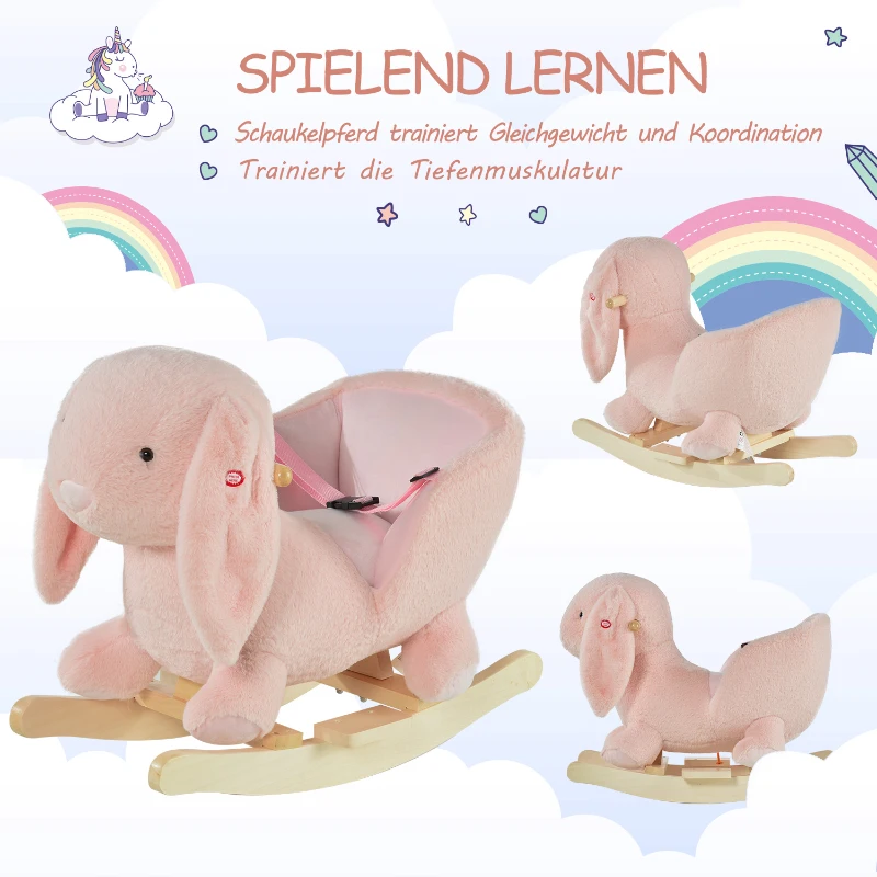 HOMCOM Schaukelpferd Kaninchen Kinder Schaukelpferd mit Geräuschen Sicherheitsgurt Schaukeltier für 18-36Monate, Massivholz, Plüsch, 60 x 33 x 50 cm, Rosa