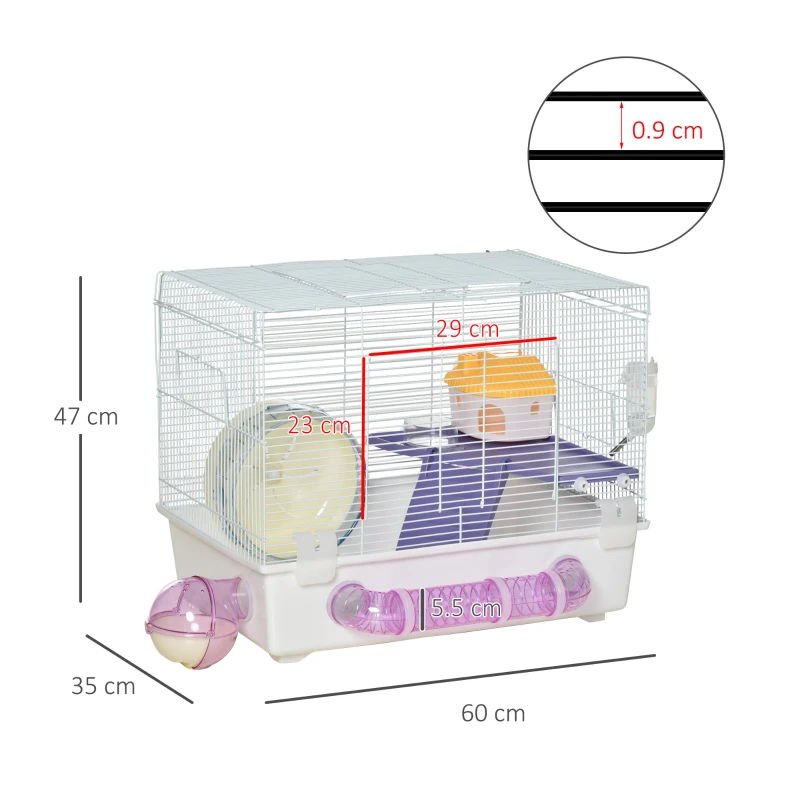 PawHut 2 Tier Hamster Cage Gerbil Rodent House Small Animal Habitat with Exercise Wheels Tunnel Tube Water Bottle Dishes Ladder, White
