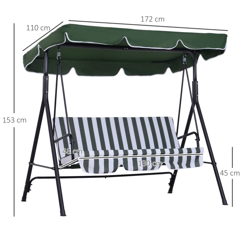 Outsunny Dondolo da Giardino 3 Posti con Tetto Parasole e Struttura in Acciaio, 172x110x153cm, Bianco e Verde