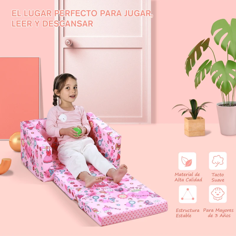 HOMCOM Sillón Infantil 2 Modos de Uso Extensible Ergonómico Funda Lavable Mini Sofá para Niños +12 Meses Asiento Acolchado Esponja 56x42x39 cm Rosa