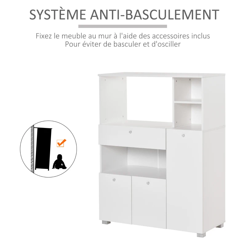 HOMCOM Meuble de micro-onde armoire cuisine meuble de rangement multi-rangements buffet avec 2 placards 4 niches tiroir coulissant dim. 90L x 40l x 120H cm en bois blanc