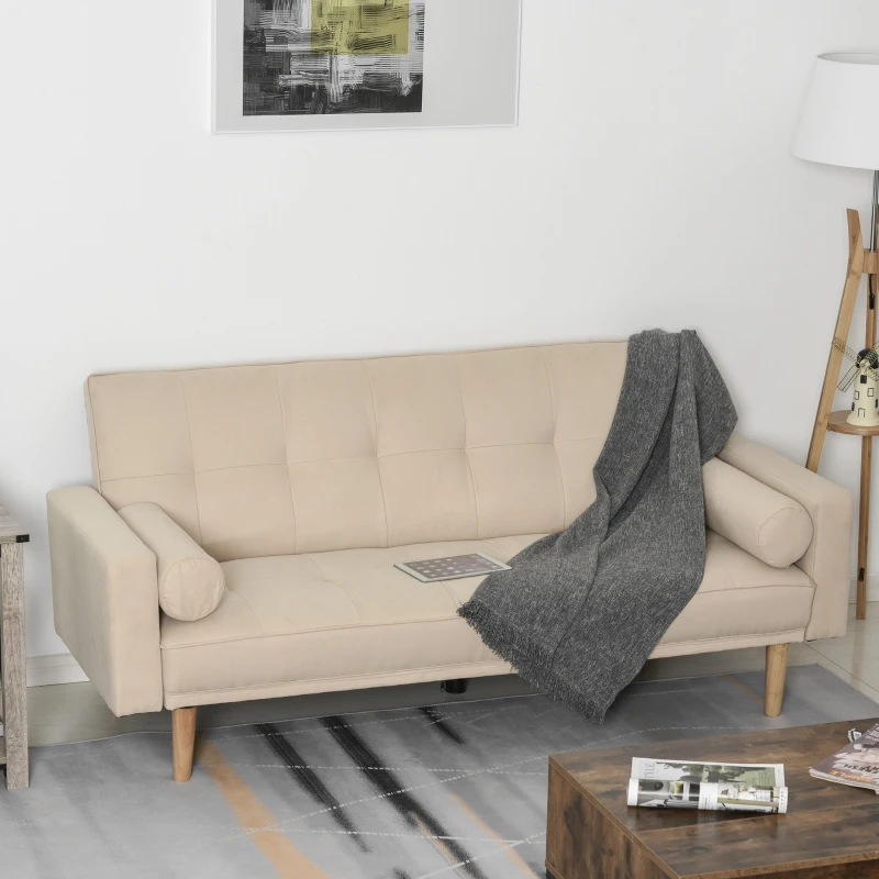 HOMCOM Divano Letto 3 Posti con Schienale Regolabile su 3 Livelli, 2 Cuscini e Braccioli Rimovibili, Beige, 185x84x85cm