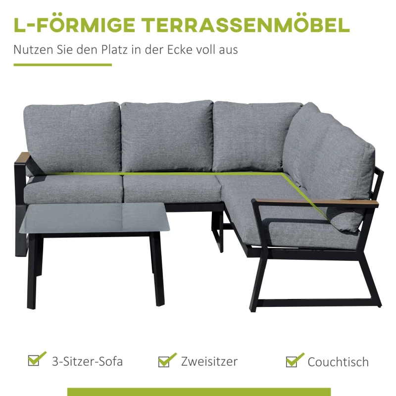 Outsunny Gartenmöbel-Set für 4 Personen, Gartenmöbel, 1 Ecksofa und 1 Couchtisch, Aluminium Schwarz + Grau