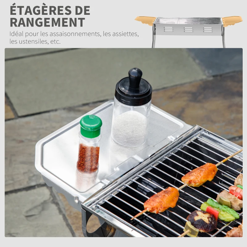 Outsunny Barbecue à Charbon Portable BBQ Grill sur Pieds 2 tablettes rabattables dim. 93L x 30l x 60H cm Acier INOX.