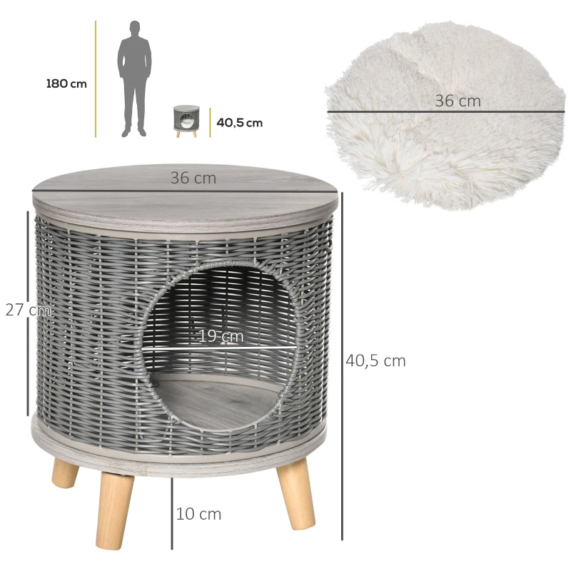 PawHut Cueva para Gatos de Ratán Ø36x40,5 cm Cesta para Gatos Rolliza con Cojín Lavable Plataforma y Patas de Madera de Pino Extraíble Gris