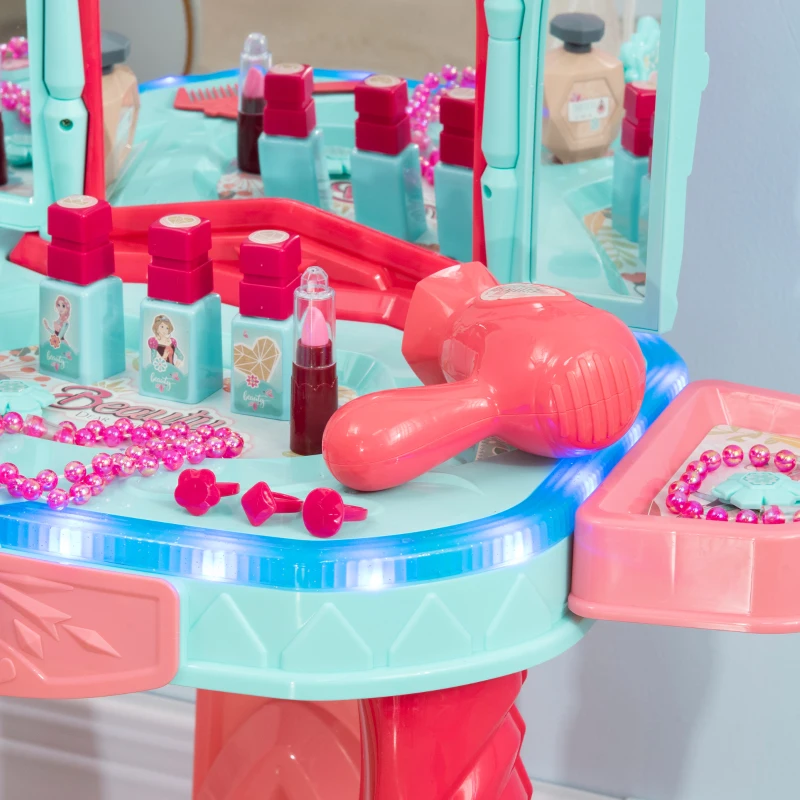 AIYAPLAY Tavolino Toeletta per Bambine con Sgabello, Specchio, Luci e Accessori, in PP e GPPS, 57x34x76 cm, Multicolore