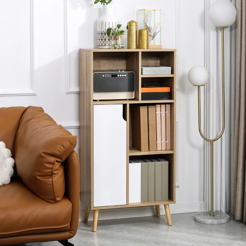 HOMCOM Mueble Aparador Alto Armario Auxiliar de Salón con 5 Compartimentos y 1 Puerta Multiusos para Comedor Cocina Dormitorio 60x30x121 cm Roble y Blanco