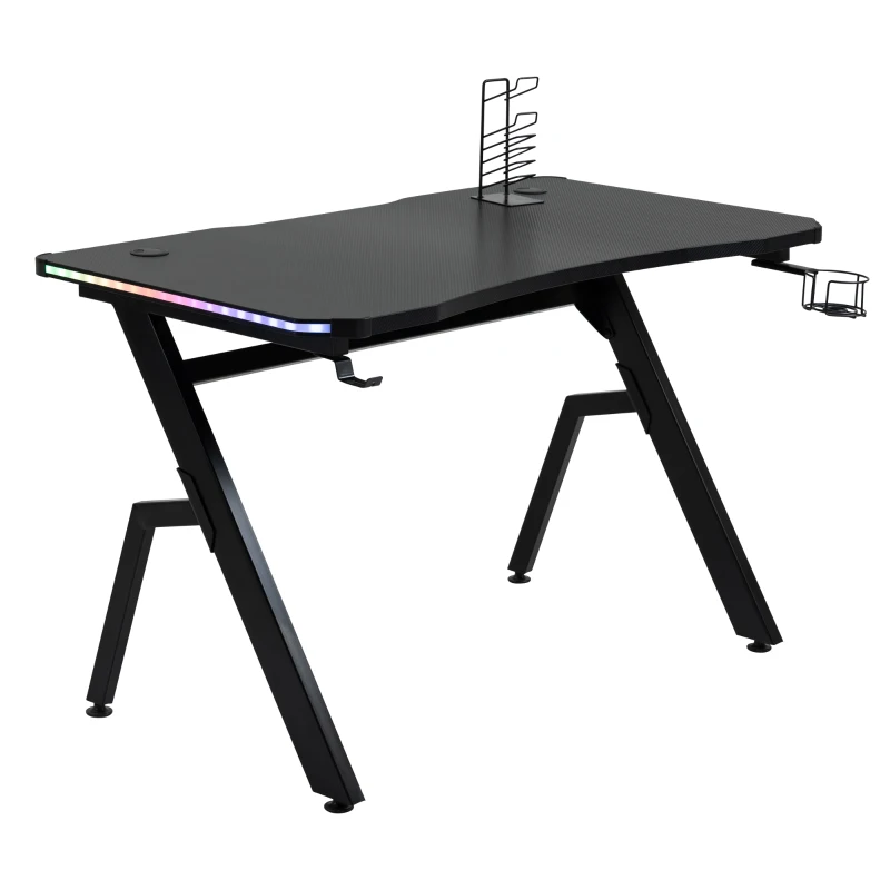 HOMCOM RGB 120 x 66cm Gaming Desk, Computer Table with Carbon Fibre Surface, Headphone Hook, Cup Holder, Controller Rack, Home Office Desk, Black