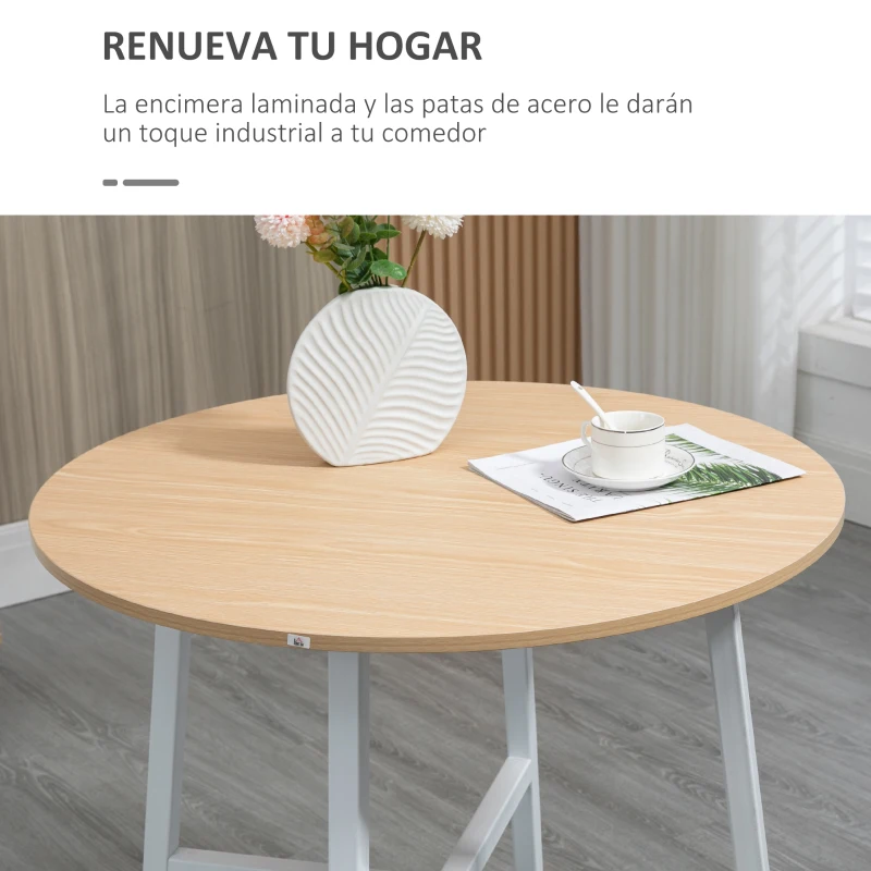 HOMCOM Mesa de Comedor Redonda Mesa de Cocina Moderna para 4 Personas con Patas de Acero para Salón Ø80x76 cm Natural y Blanco