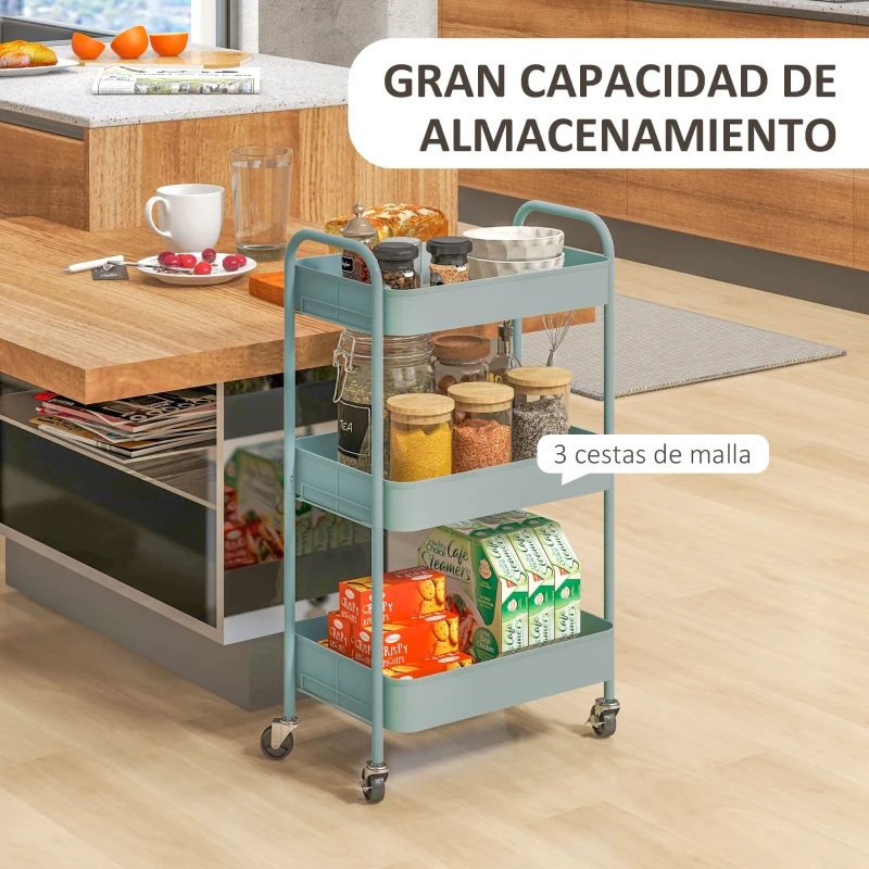 HOMCOM Carrito de Almacenamiento con 3 Cestas y Marco de Acero para Salón Dormitorio Oficina Cocina 45x30,6x79 cm Azul Claro