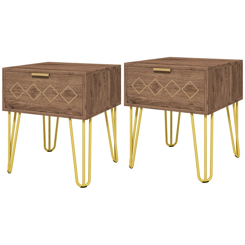 HOMCOM Bedside Table Set of 2 with Drawer, Wooden Nightstand, Modern Sofa Side Table with Gold Tone Metal Legs for Bedroom