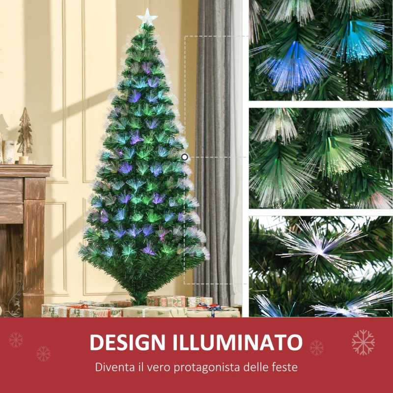HOMCOM Albero di Natale 180cm con 230 Luci a LED e Fibre Ottiche Colorate, 230 Rami in PVC Ignifughi e Base in Metallo