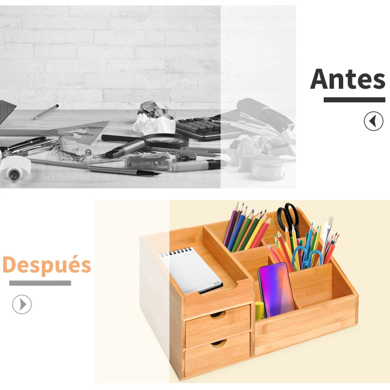 HOMCOM Organizador de Escritorio de Bambú Organizador de Mesa con 2 Cajones 6 Compartimentos y Estante para Oficina Hogar 33x20,5x15,5 cm Natural