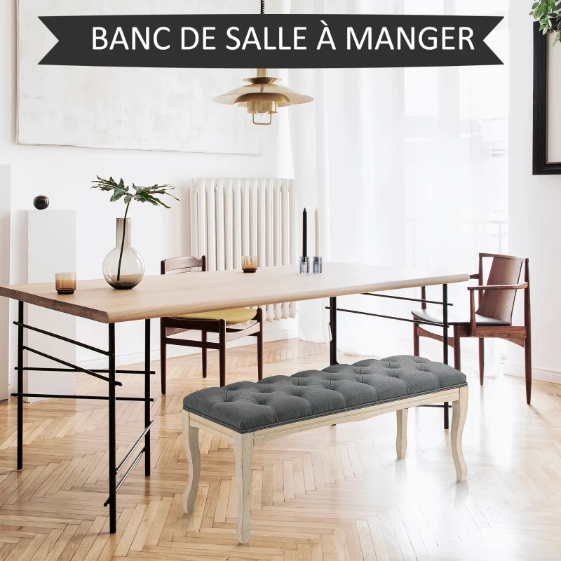 HOMCOM Banc Banquette capitonnée Style Classique 110 cm Bout de lit Rembourrée en lin piètement Bois hévéa sculpté Lin Gris