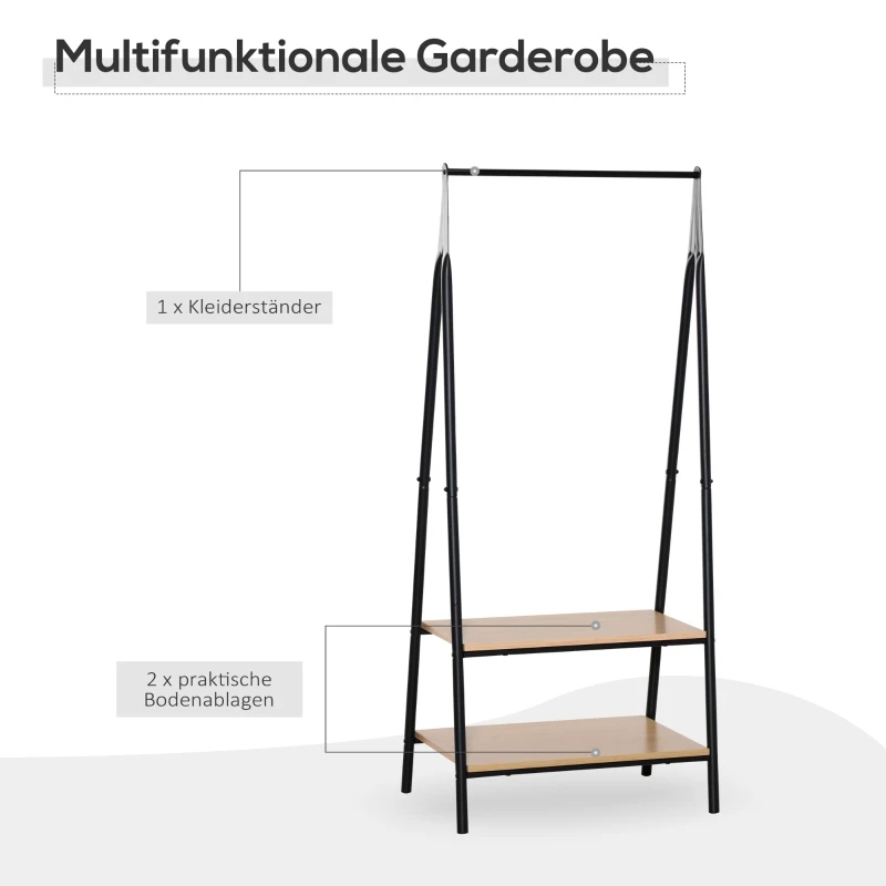 HOMCOM Gaderobenständer Kleiderständer Kleiderstange mit Schuhablage Wäscheständer Metall + Holz Schwarz + Natur 64 x 42,5 x 149 cm