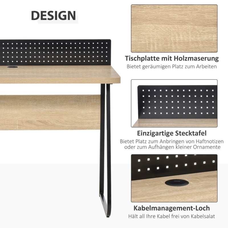 HOMCOM Schreibtisch Bürotisch Computertisch mit Stecktafel Kabelmanagement-Loch für Zettel Pendant Spanplatte Metall Naturholz+Schwarz 110 x 48 x 90 cm