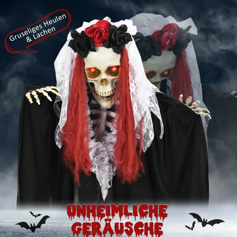 HOMCOM Halloween-Dekoration Skelettbraut, LED-Augen, heult, dreht sich, Geräusch- & Bewegungssensor, 100 cm