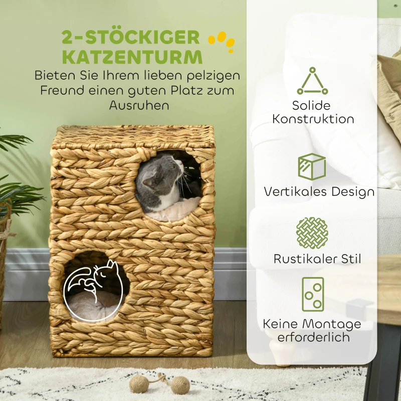 PawHut 2-stöckiges Katzenhaus mit 2 Schlafhöhlen, waschbare Kissen, Wasserhyazinthe, 40x31x55 cm, Hellbraun