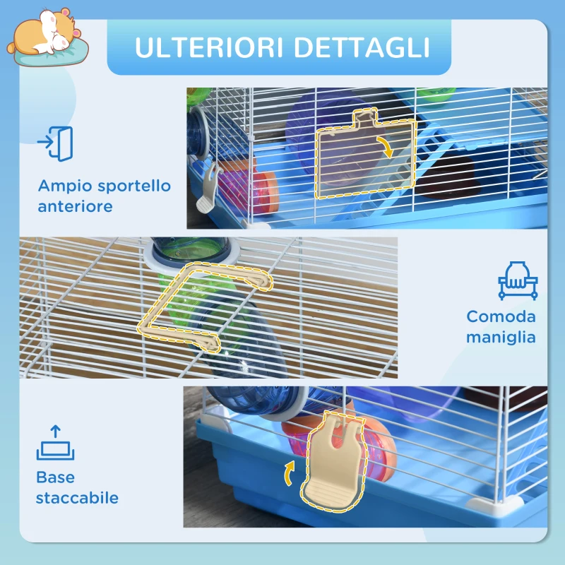 PawHut Gabbia per Criceti a 2 Livelli con Serbatoio per Acqua, Vassoio, Tubo e Ruota per Criceti, 46x30x37 cm
