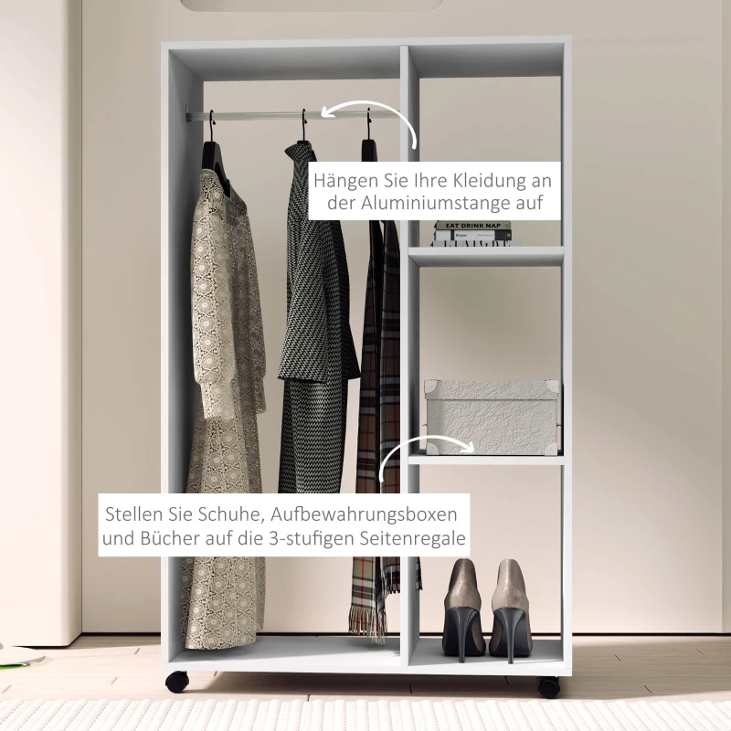 HOMCOM Kleiderschrank auf Rollen, mobile Garderobe, Garderobenschrank, Rollbarer Kleiderständer, 80 x 40 x 128 cm, Weiß(m-7)