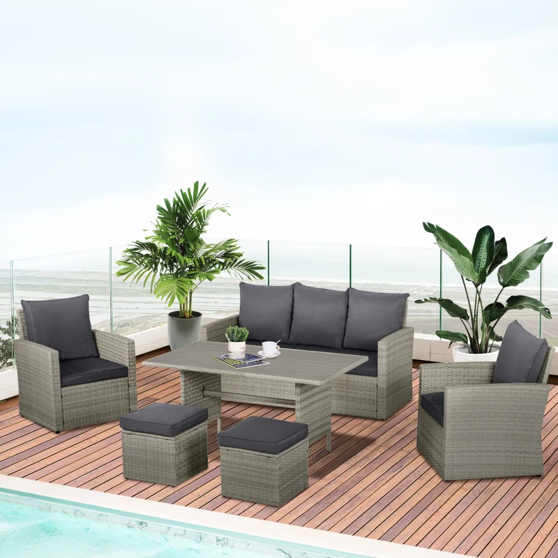 Outsunny Poly Rattan Sitzgruppe 6 tlg. Garten Essgruppe Sofa-Set Sofa Lounge Hocker Hof Balkon Pool PE Rattan Grau