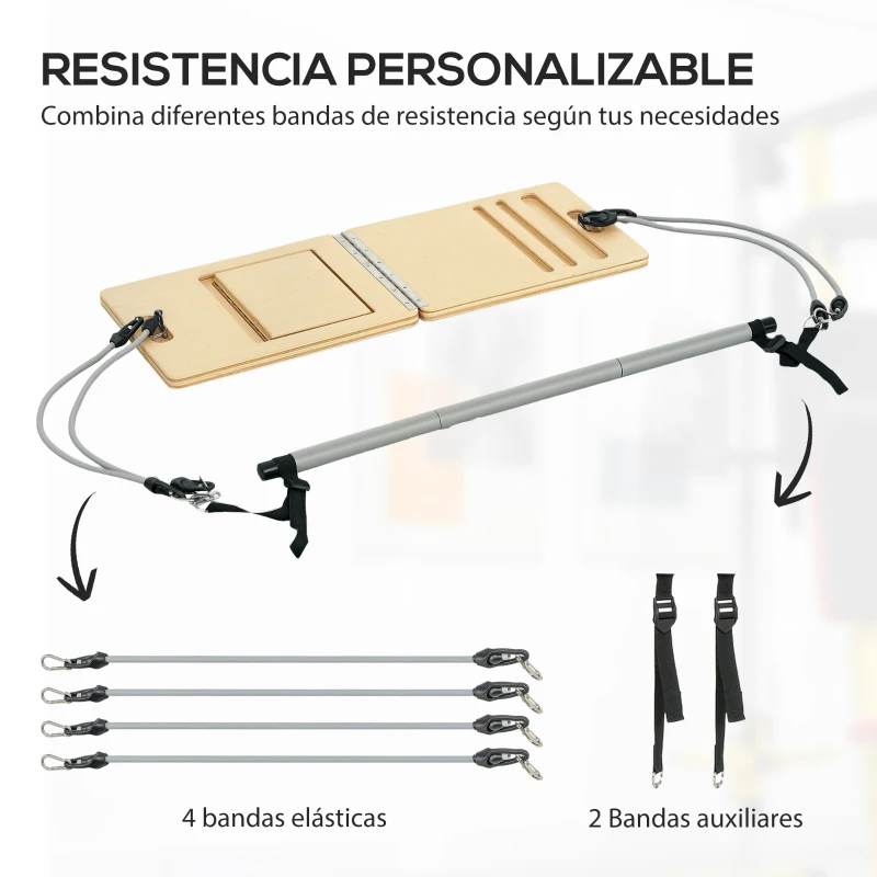 SPORTNOW Barra Pilates con Bandas Elásticas Tabla Inclinada Ajustable y Resistencia Personalizable para Estiramientos 90x33x3 cm