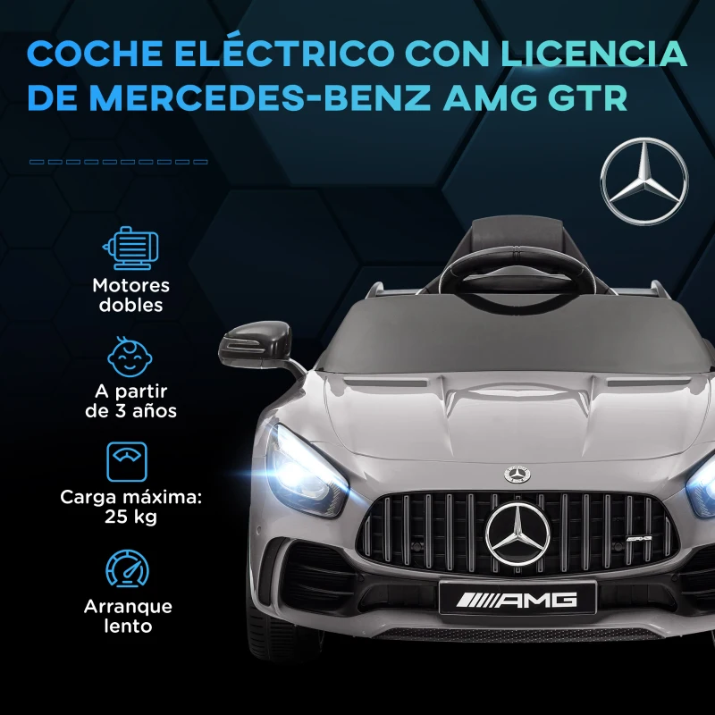 AIYAPLAY Coche Eléctrico para Niños de +3 Años Mercedes-Benz AMG GTR con Batería 12V Mando a Distancia Faros Bocina Música Plata
