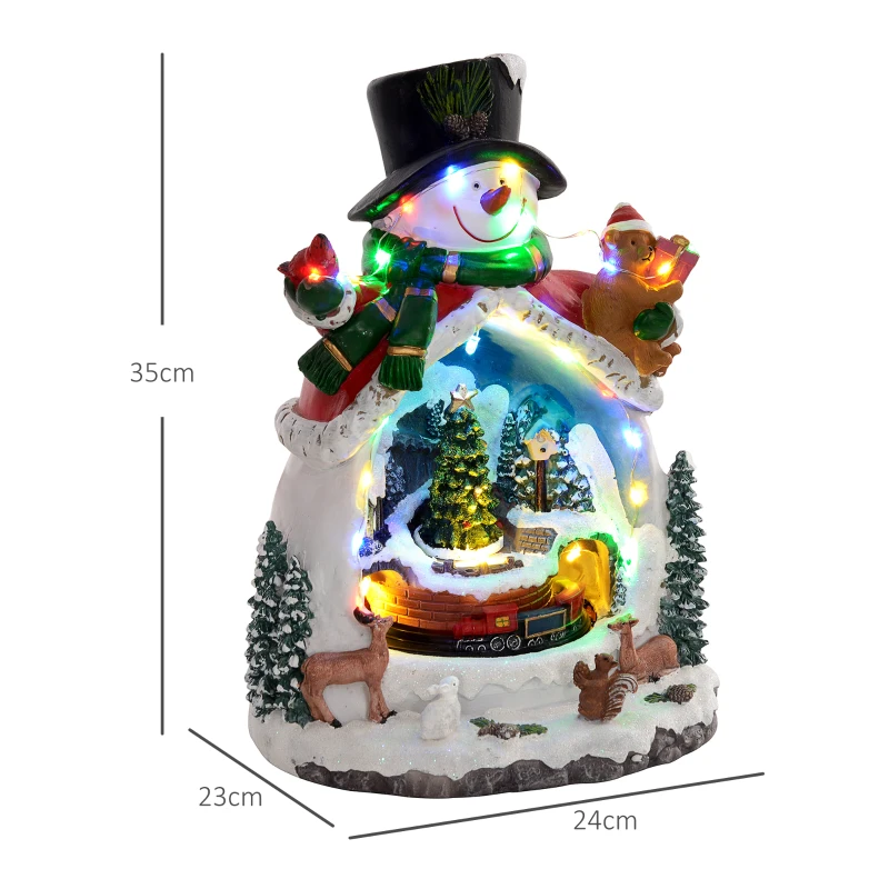 HOMCOM Weihnachtsdorf in Schneemann-Form mit fahrendem Zug, LED-Lichtern und Musik, festliche Tischdekoration, Mehrfarbig