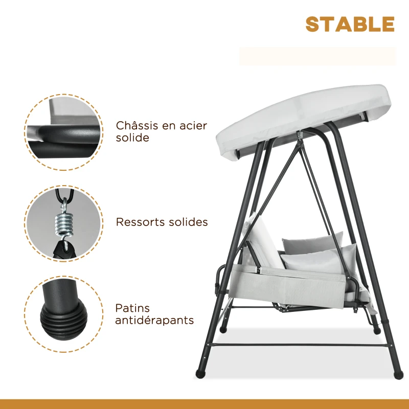 Outsunny Balancelle de jardin 3 places convertible toit inclinaison réglable 2 pochettes de rangement 236 x 138 x 185 cm gris