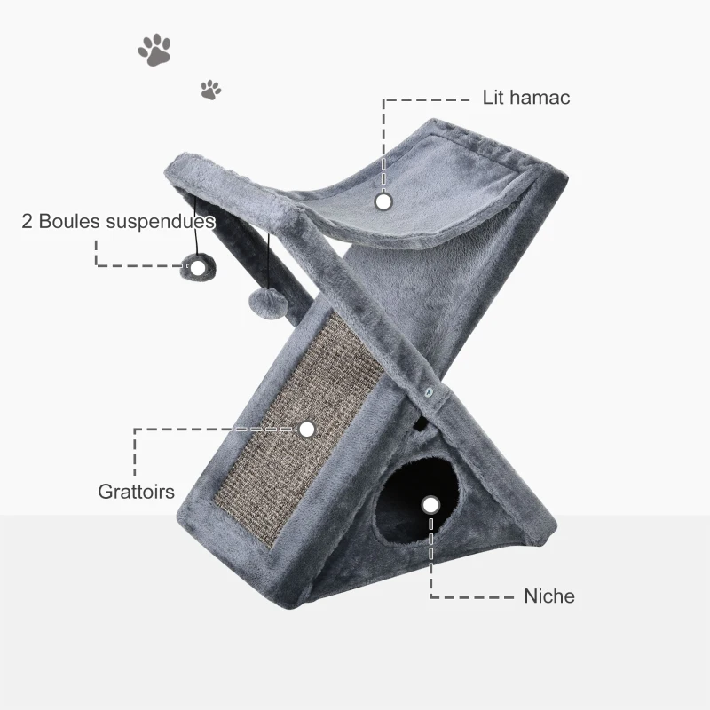 PawHut Arbre à chats pliable design grattoir sisal naturel niche hamac jeu boules suspendues gris