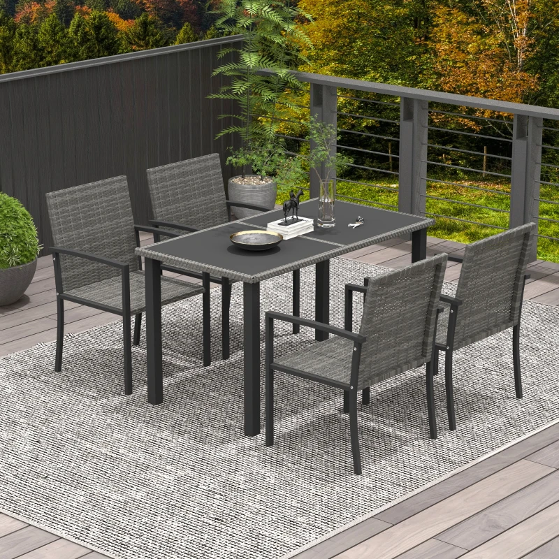 Outsunny Outdoor Dining Set 5 Pieces Patio Conservatory with Tempered Glass Tabletop,4 Dining Chairs - Grey