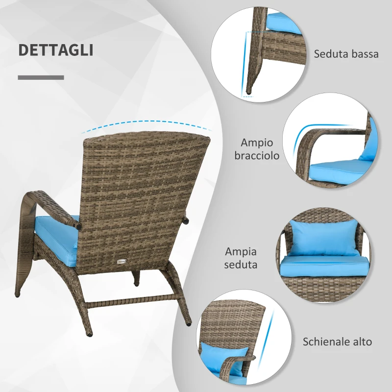 Outsunny Sedia da Giardino Adironrack con Braccioli, in Rattan e Acciaio, 64x80x90 cm, Marrone e Blu