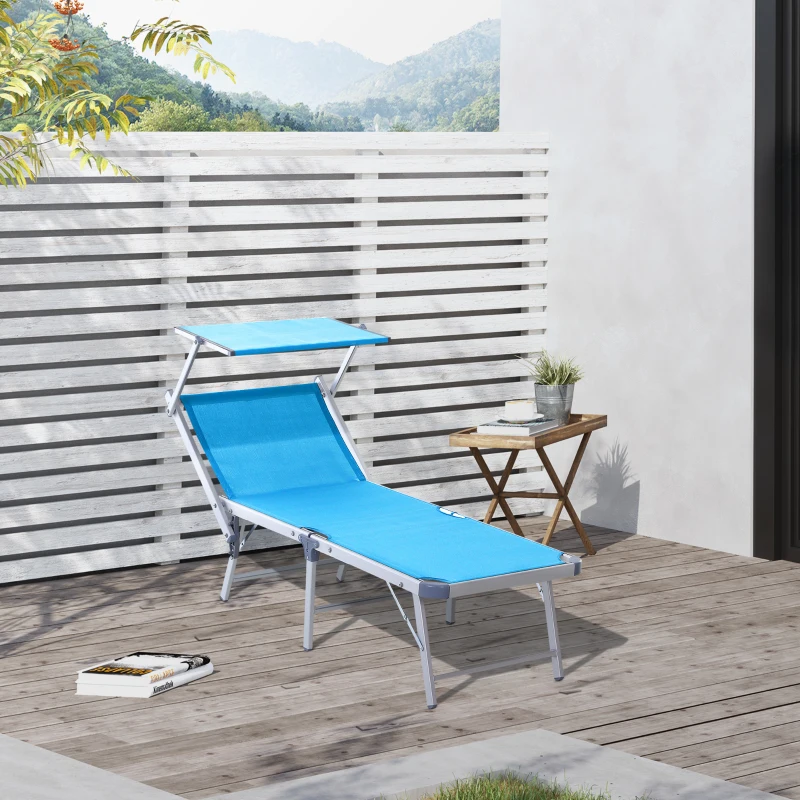 Outsunny Aluminium Foldable Sun Lounger, Outdoor Adjustable Backrest Reclining Chaise Lounge Chair with Sun Roof, Blue