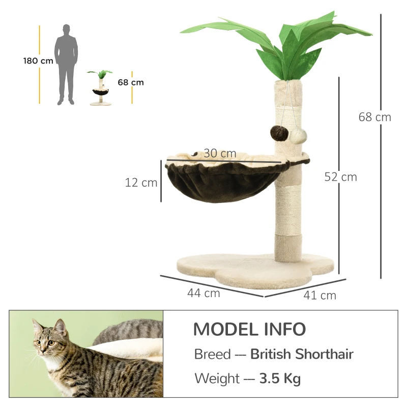 PawHut 68cm Palm Tree Shaped Cat Tree w/ Hammock, Sisal Scratching Post - Beige