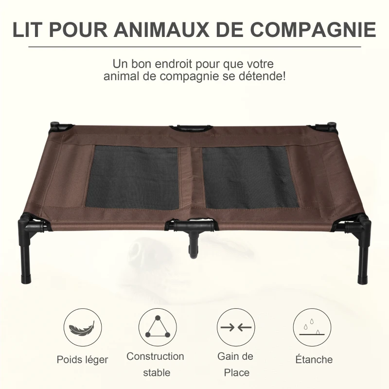 PawHut Lit sur pieds lit pour chien chat lit de camp lit surélevé animaux grand confort tissu Oxford textilène micro-perforé métal 92L x 76l x 18H cm café