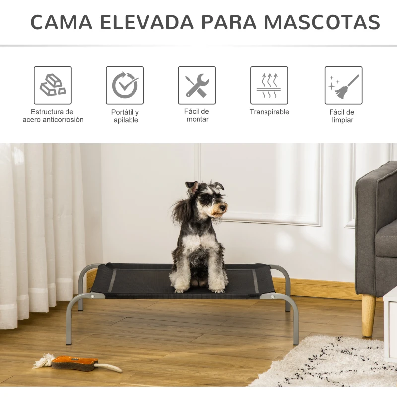 PawHut Cama Elevada para Perros Gatos Transpirable Cama para Mascotas 90x65x20 cm para Dormir Relajar con Marco de Acero para Interior Exterior Negro
