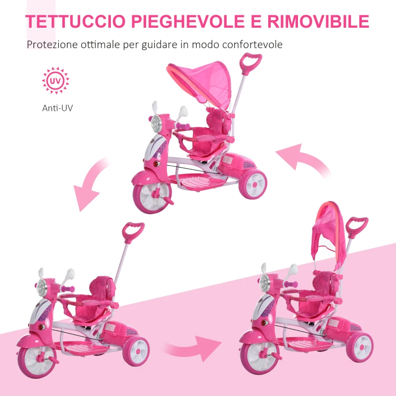 HOMCOM Triciclo per Bambini da 18-72 Mesi con Suoni e Luci, Triciclo con Maniglione e Tettuccio Rimovibile a Forma di Moto, Rosa