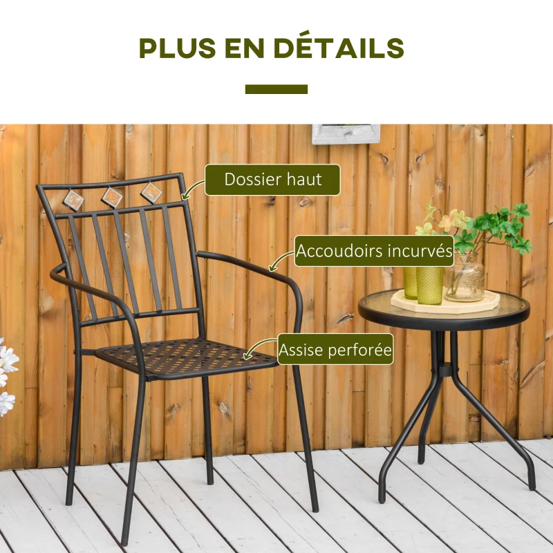 Outsunny Lot de 2 chaises de jardin en métal époxy façon fer forgé avec mosaïque - accoudoirs